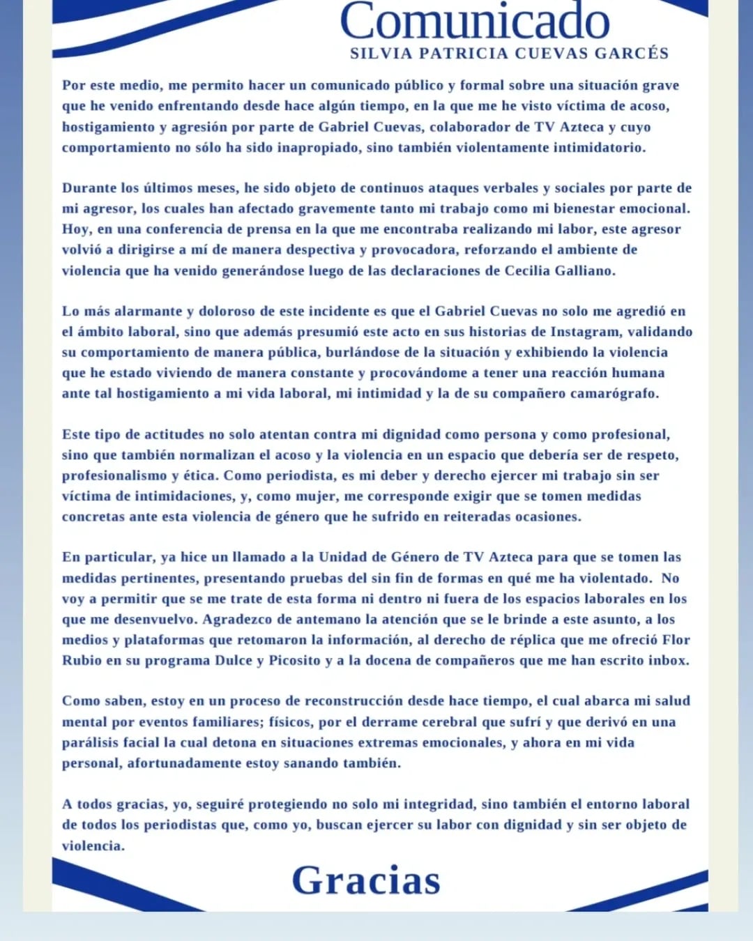 Comunicado de Paty Cuevas acusando a Gabo Cuevas de acoso y hostigamiento.