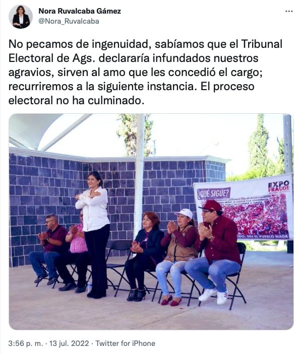 Nura Ruvalcaba sigue denunciando irregularidades en las elecciones 2022/ Tuit de @Nora_Ruvalcaba