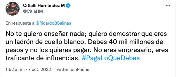 Ricardo Salinas ofende a Citlalli Hernández por no querer recocer su deuda en Twitter
