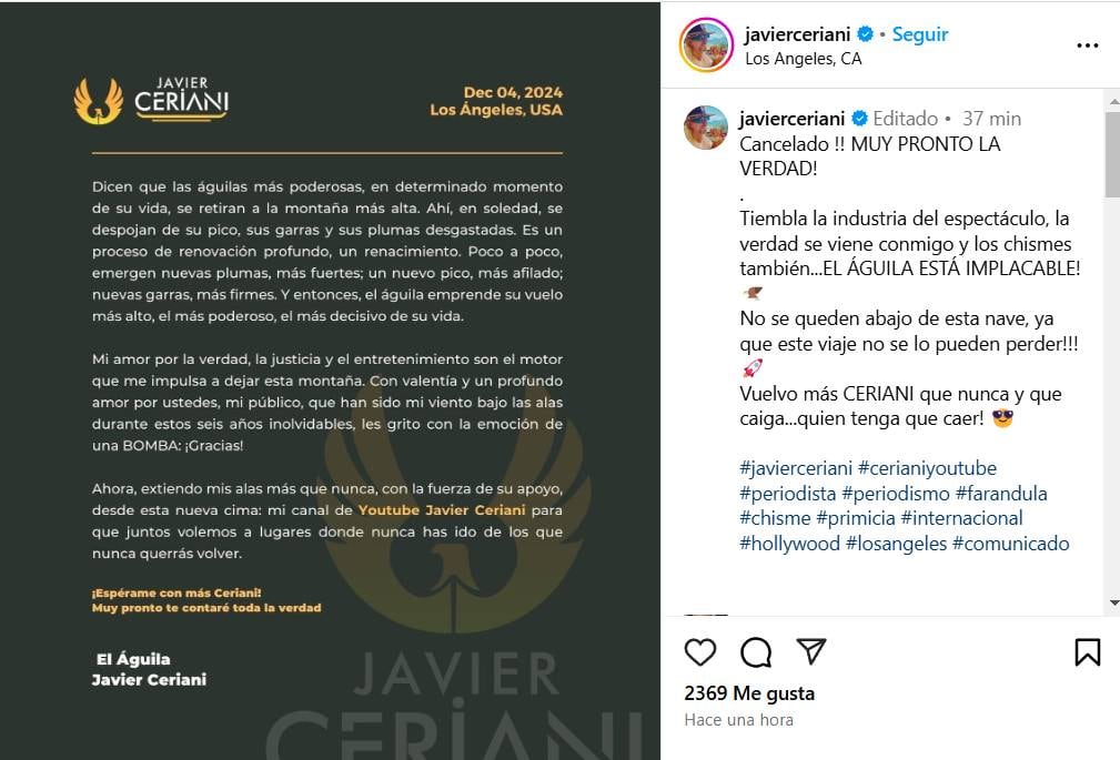 Javier Ceriani comparte comunicado tras el final de Chisme No Like