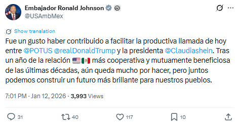 Ronald Johnson llama a México y Estados Unidos a construir un “futuro más brillante”