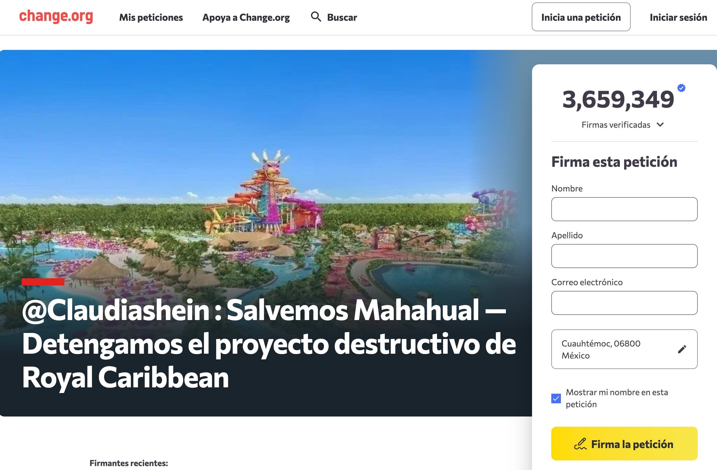 3.5 millones han firmado la petición de detener el proyecto turñistico en Mahahual, Quintana Roo