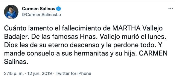 Carmen Salinas lamenta muerte de Martha Vallejo, productora de 'Aventurera'