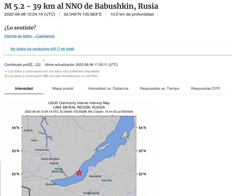 USGS sobre el sismo en Rusia
