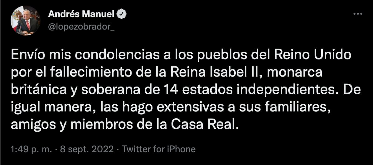 AMLO lamenta la muerte de la Reina Isabel II