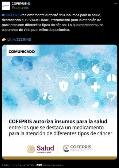 Cofepris autoriza Bevacizumab como tratamiento para cáncer.