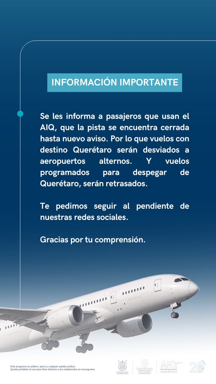 Reportan incidente de avioneta en aeropuerto de Querétaro.