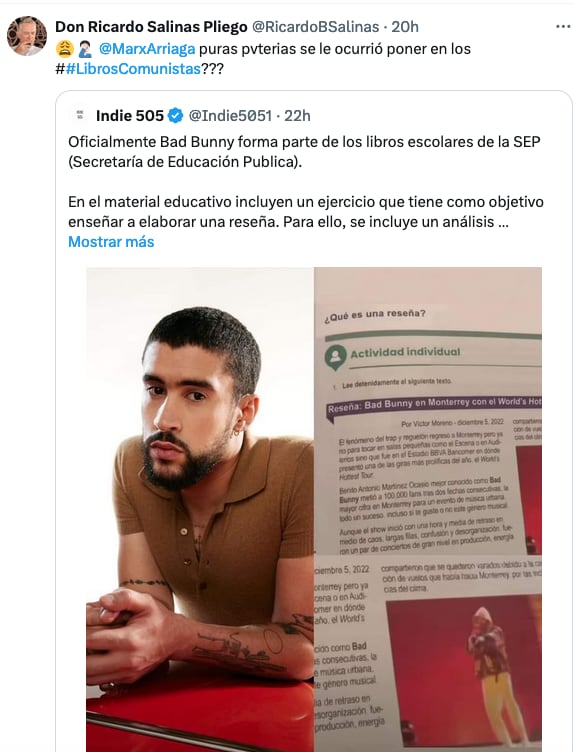 Ricardo Salinas Pliego se queja de los libros de la SEP con Bad Bunny.