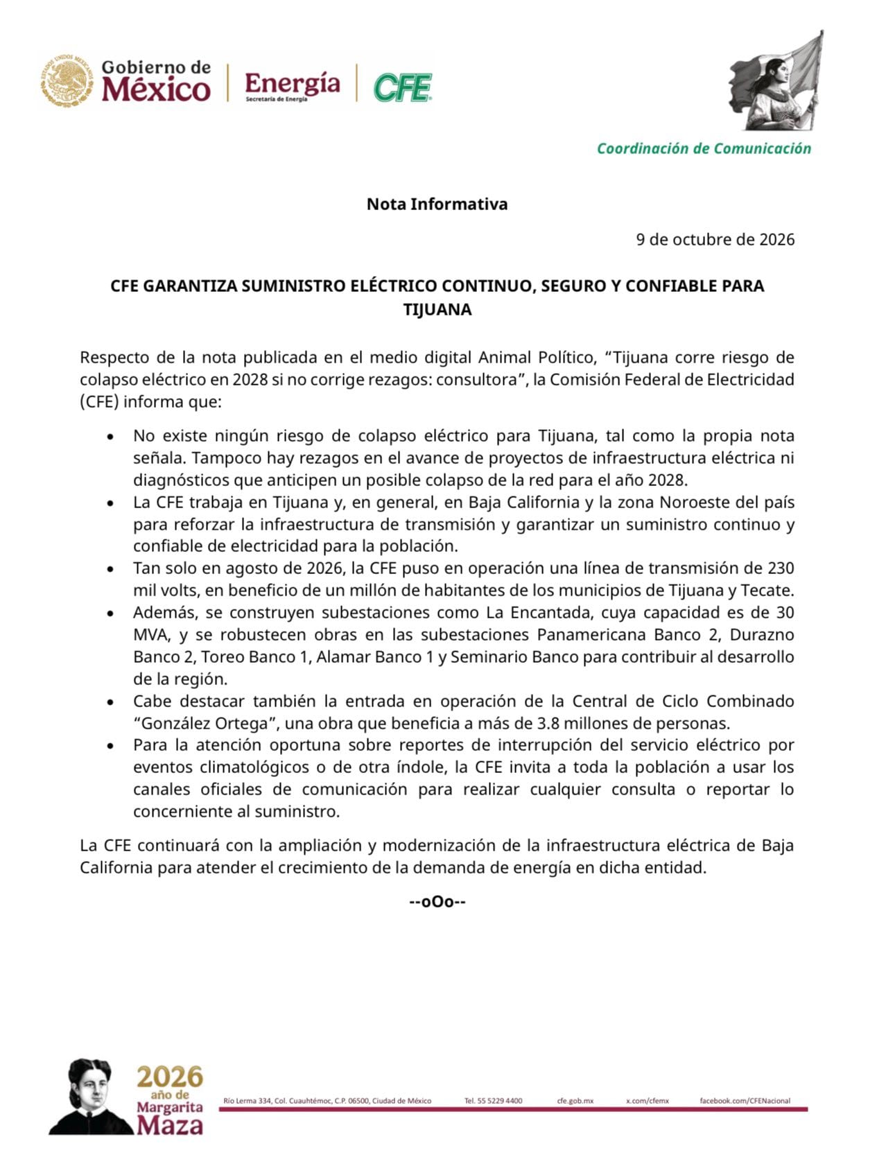 CFE rechaza pronóstico de colapso eléctrico en Tijuana para 2028