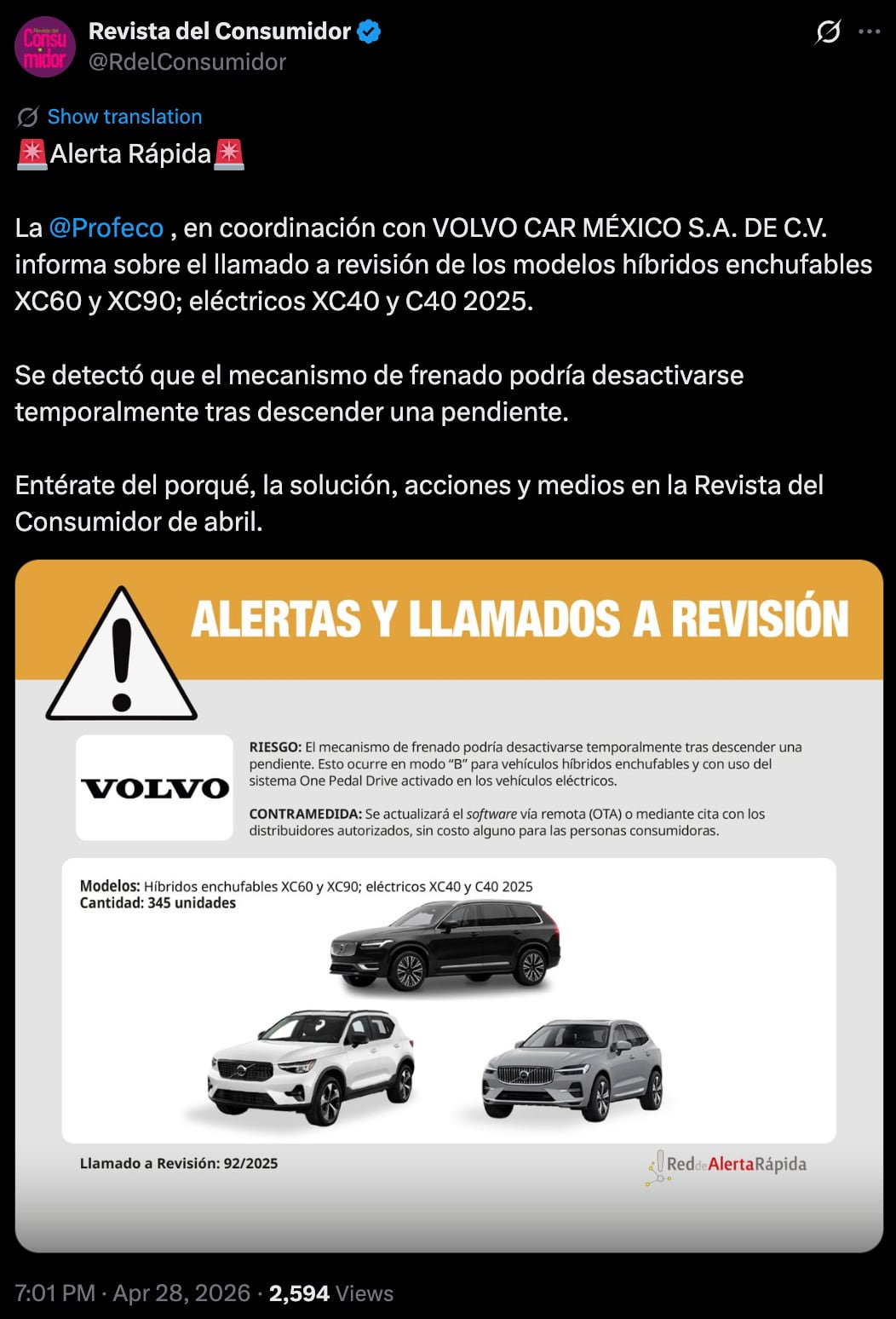 Profeco llama a revisión autos híbridos Volvo por fallas en mecanismo de frenado