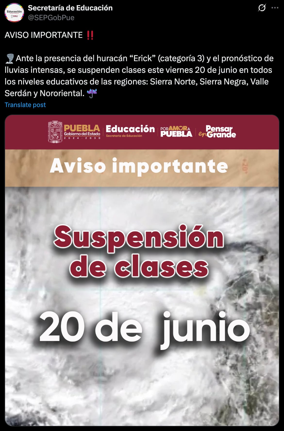 Suspenden clases en sierra de Puebla por huracán Erick.