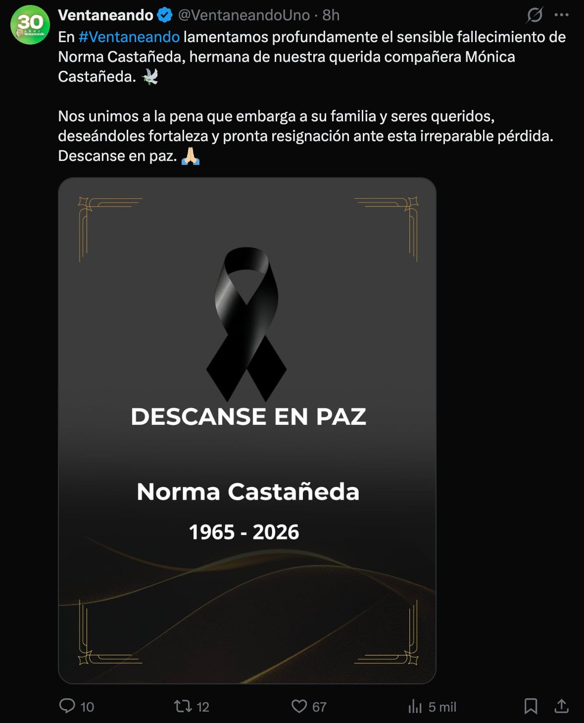 Muere hermana de Monica Castañeda