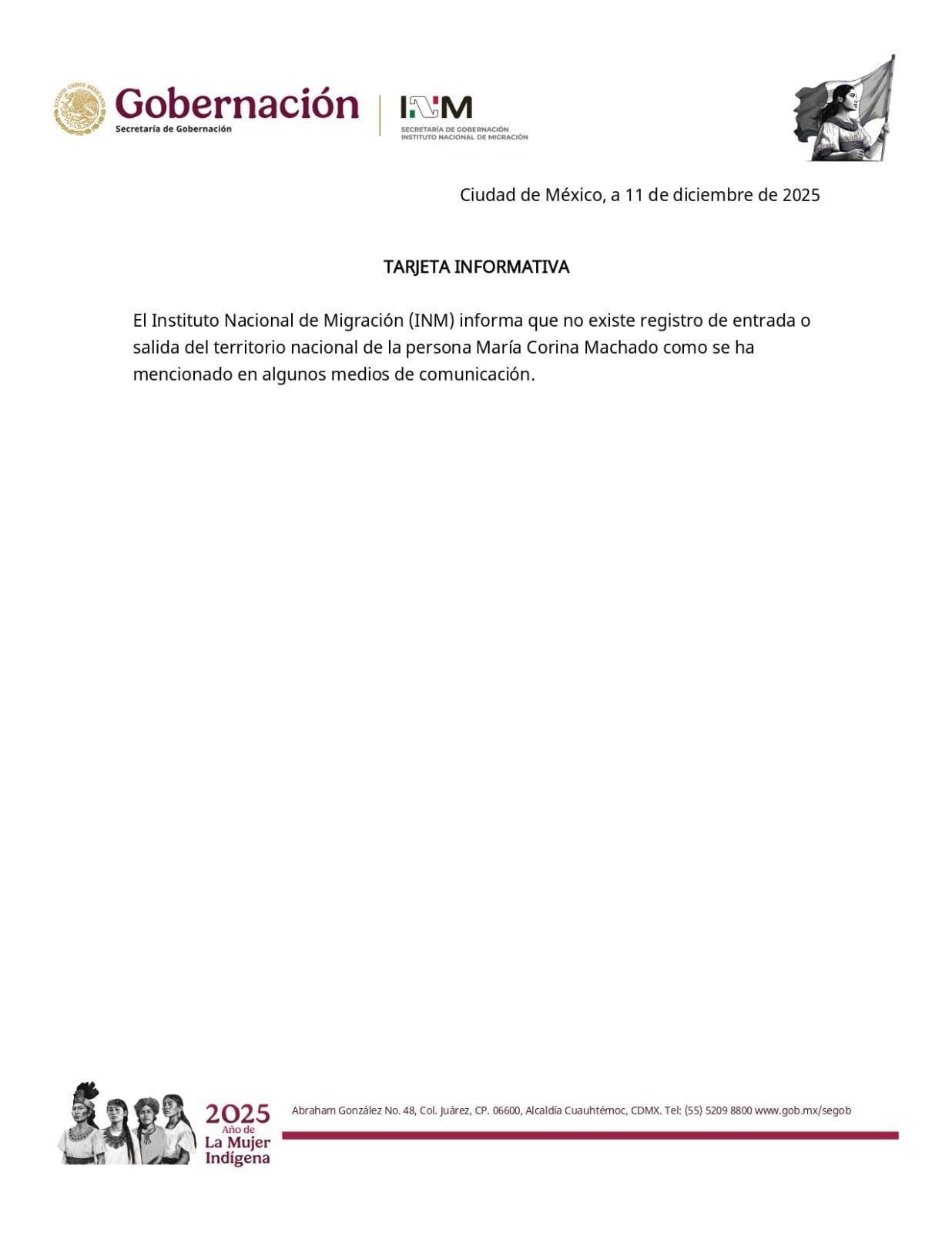 El Instituto Nacional de Migración (INM) desmiente que María Corina Machado haya pasado por México para ir a Noruega