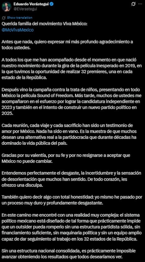 Eduardo Verástegui se aleja de la política y apuesta por el ámbito cultural y espiritual