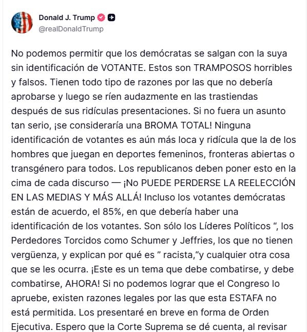 Donald Trump advierte reglas de identificación para elecciones intermedias