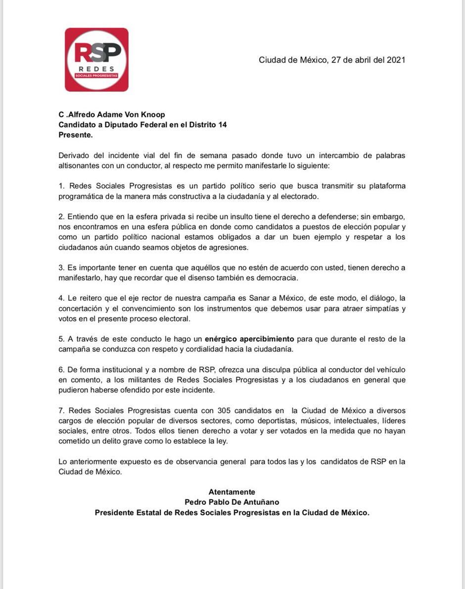 Comunicado RSP contra Alfredo Adame