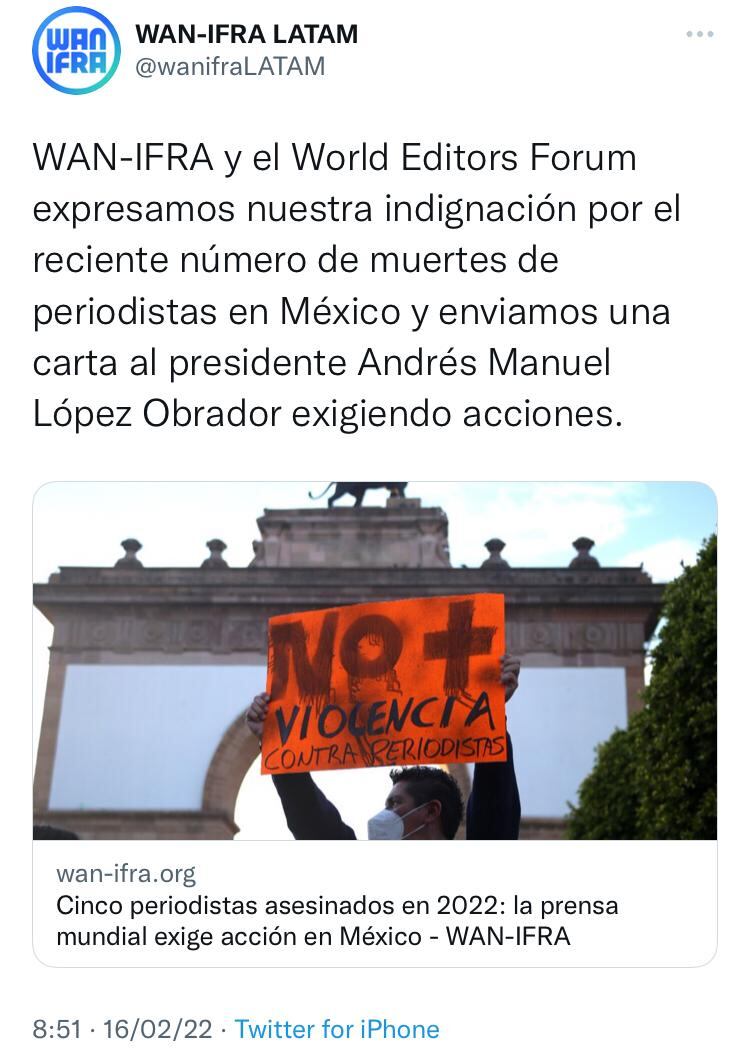 Carta de organizaciones internacionales de prensa