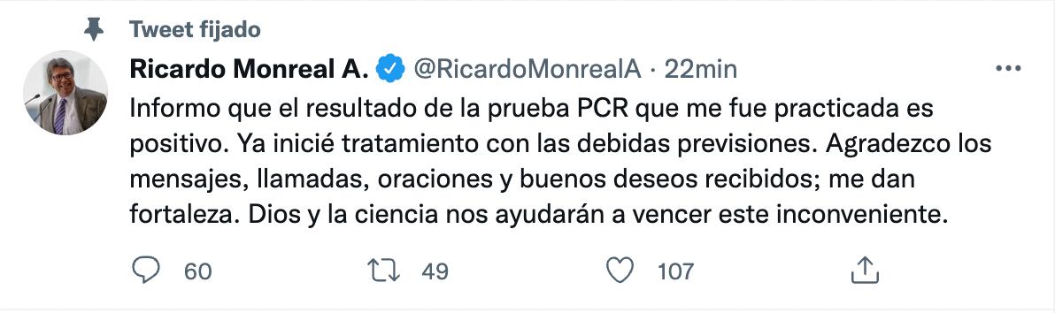 Ricardo Monreal tiene Covid-19, confirma en Twitter