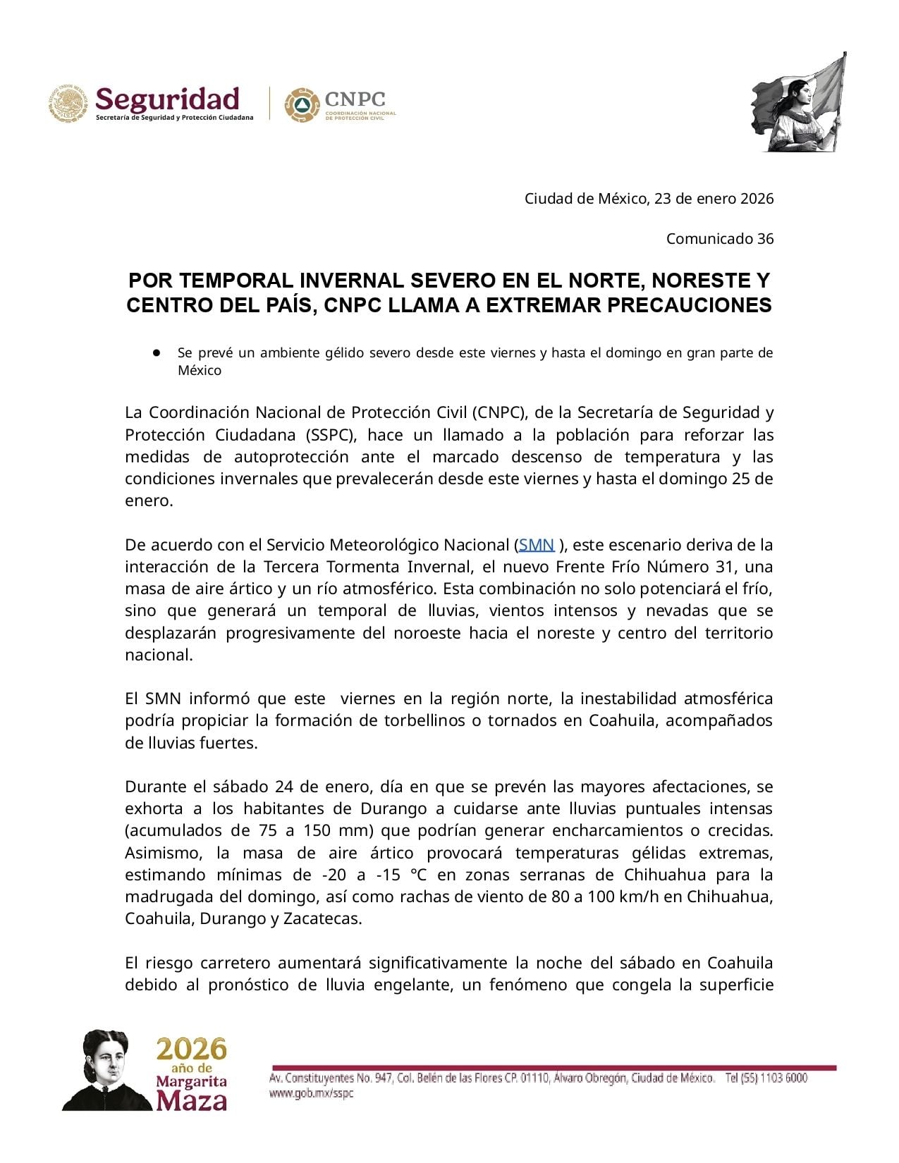 La Coordinación Nacional de Protección Civil emite comunicado ante la tormenta invernal 2026