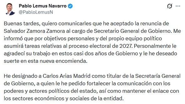 Pablo Lemus acepta renuncia de Salvador Zamora y anuncia a su reemplazo
