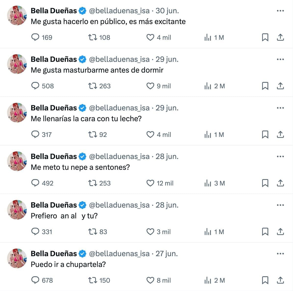 Los mensajes sexuales de Bella Dueñas en Twitter