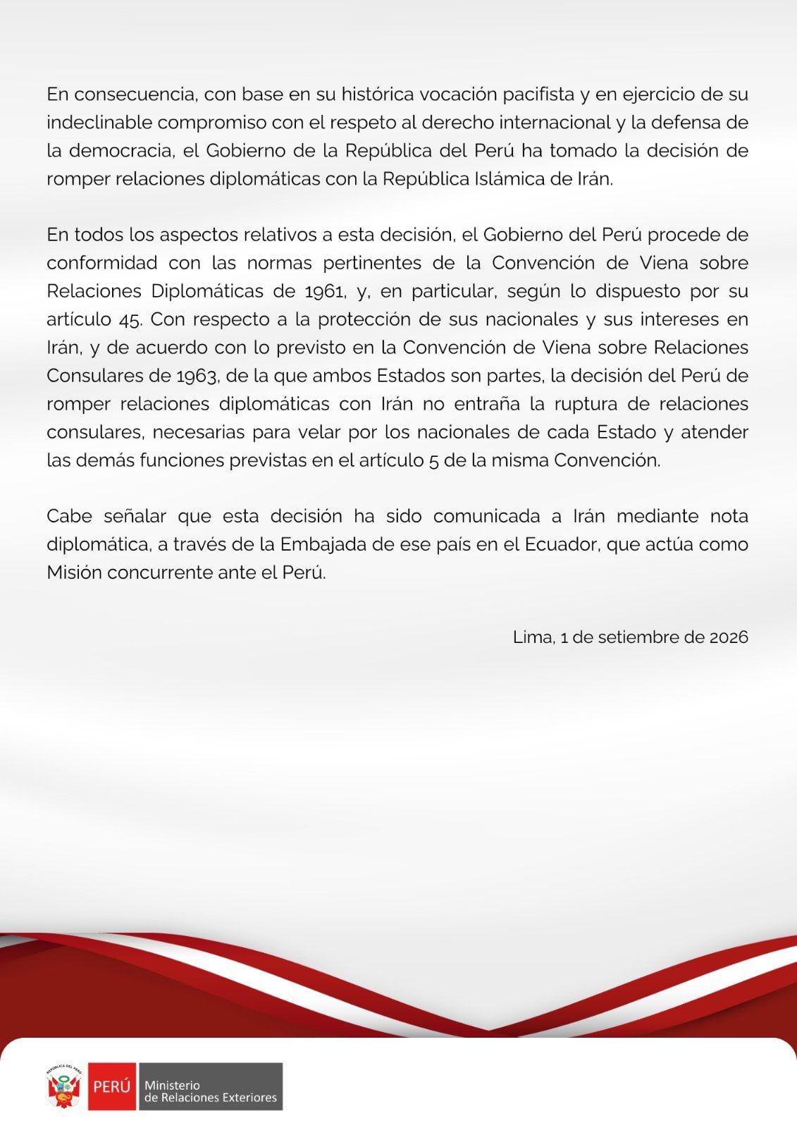 Perú rompe relaciones diplomáticas con Irán en medio de la crisis en Medio Oriente