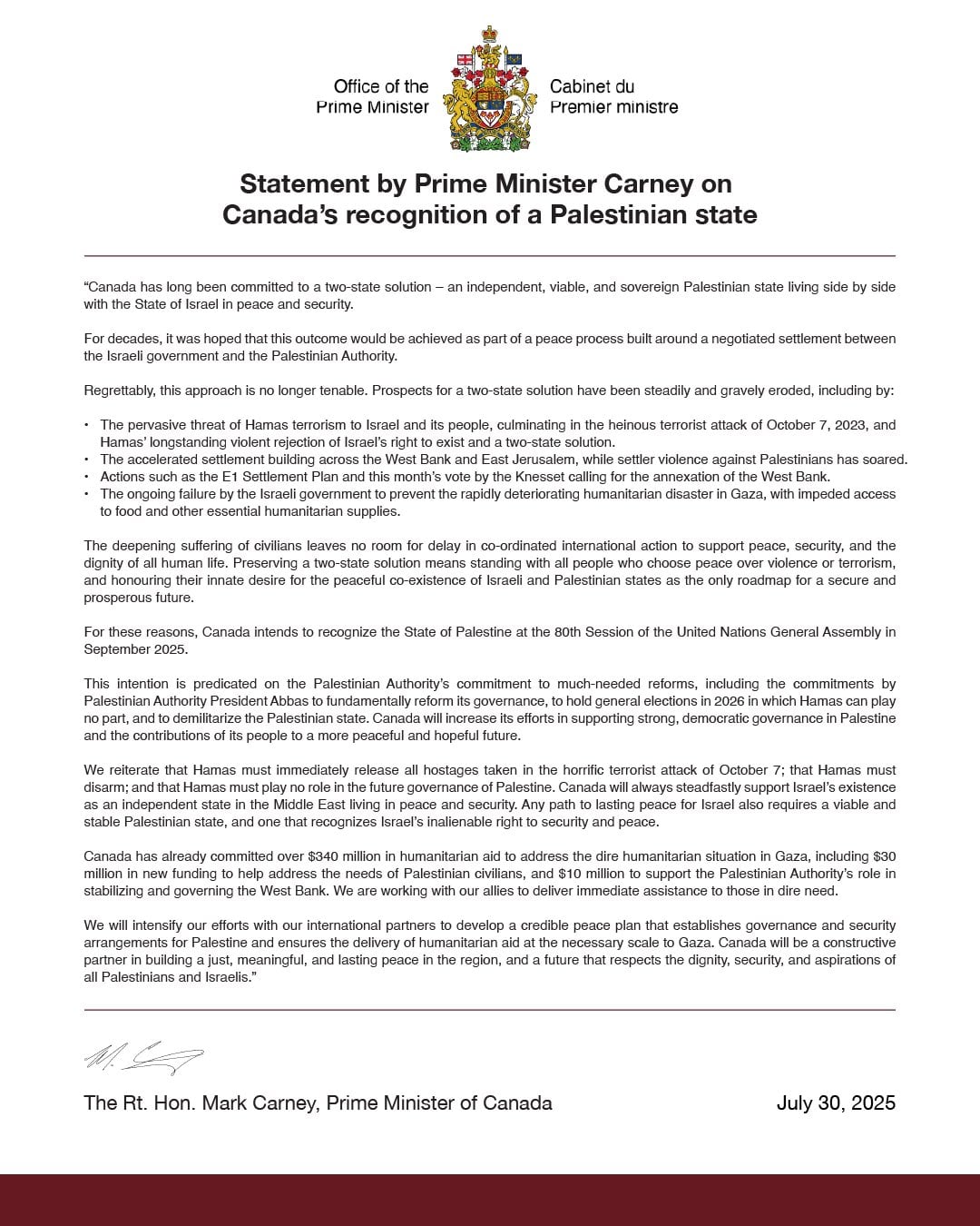 Canadá reconocerá a Palestina como Estado