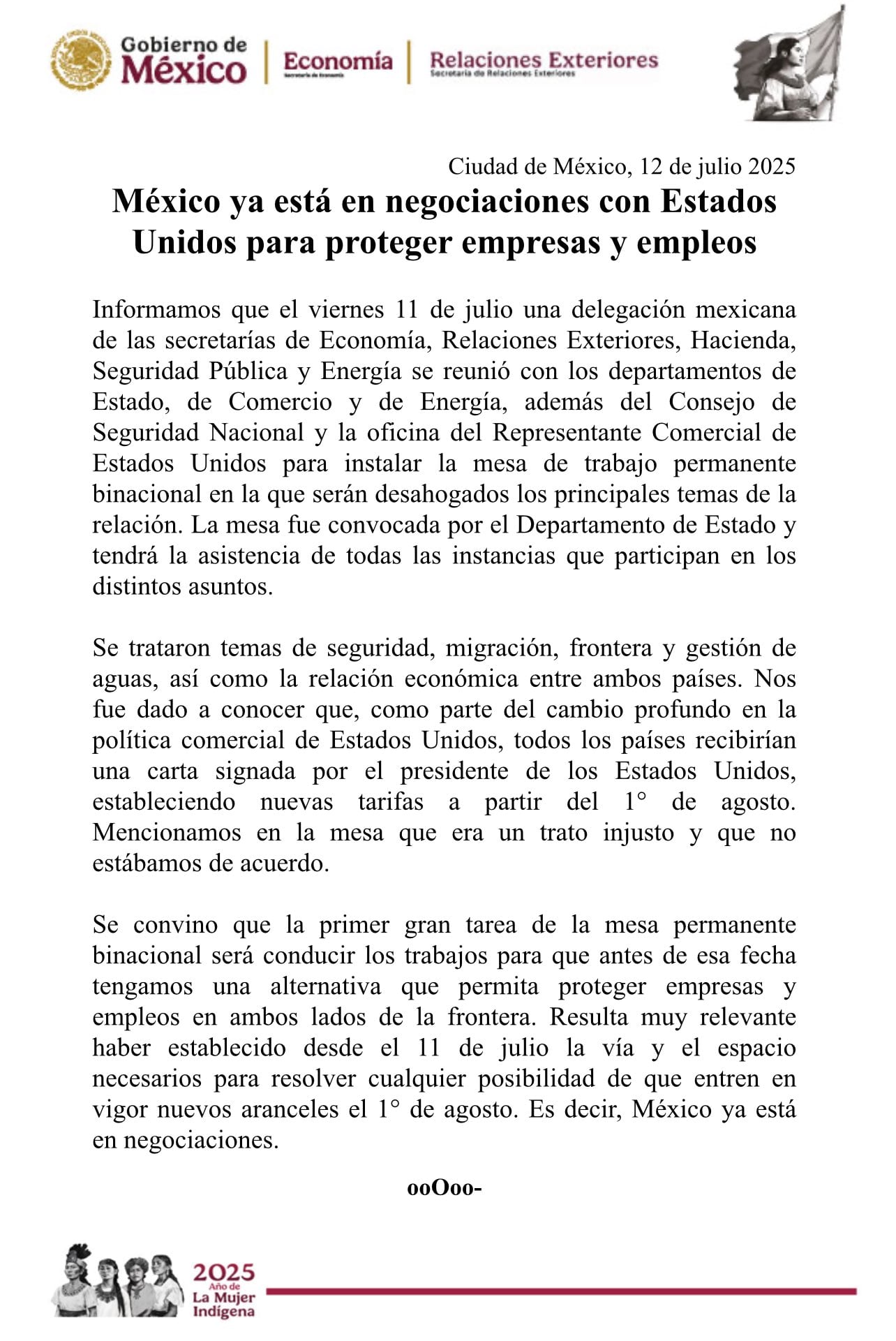 Comunicado sobre aranceles contra México.