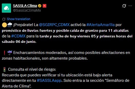 Las 11 alcaldías de CDMX que están bajo alerta por lluvias hoy