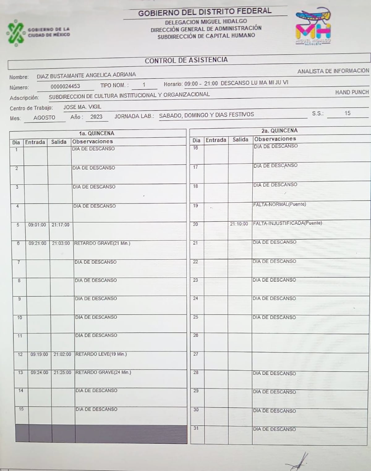 Horario laboral de Angélica Adriana Díaz Bustamante