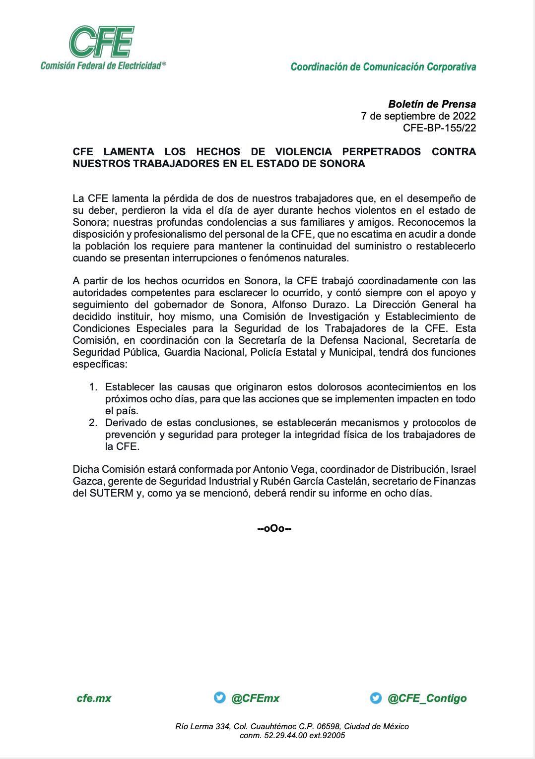CFE creará comisión para investigar asesinato de trabajadores en Sonora y tomará medidas para proteger a empleados