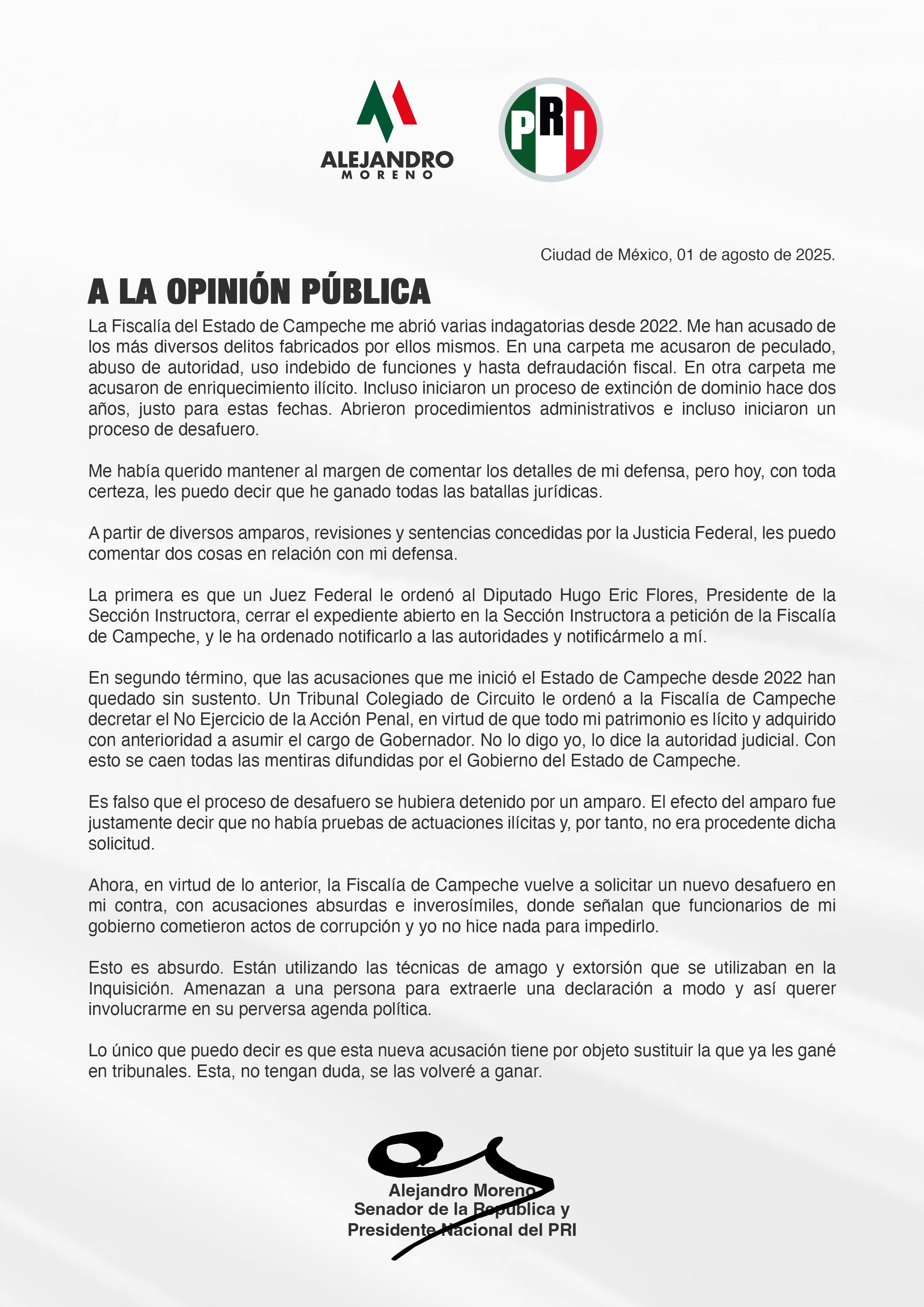 Alejandro Moreno se pronuncia por proceso de desafuero en su contra