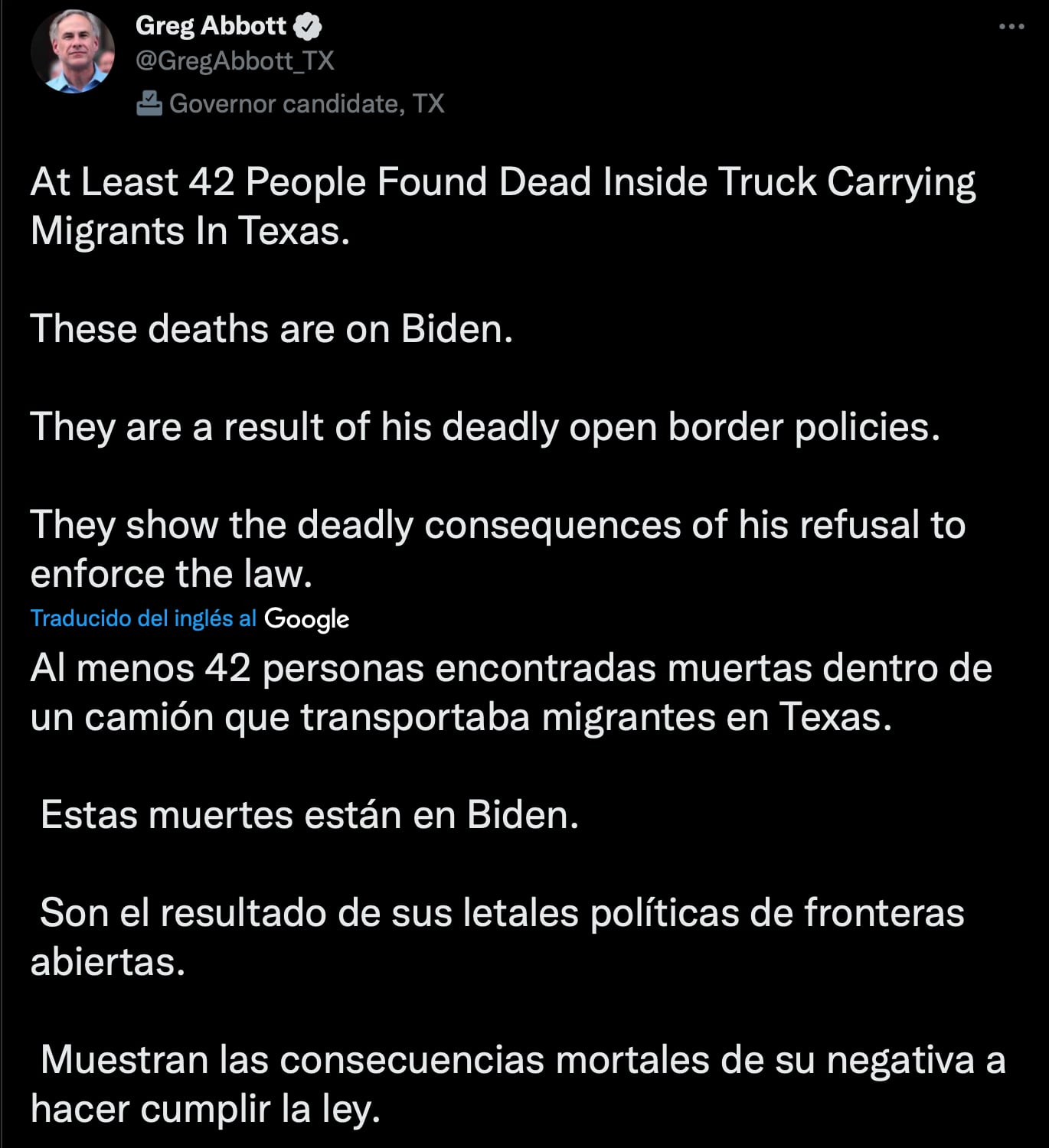 Greg Abbott, gobernador de Texas, culpa a Joe Biden por los 42 migrantes muertos en San Antonio, Texas
