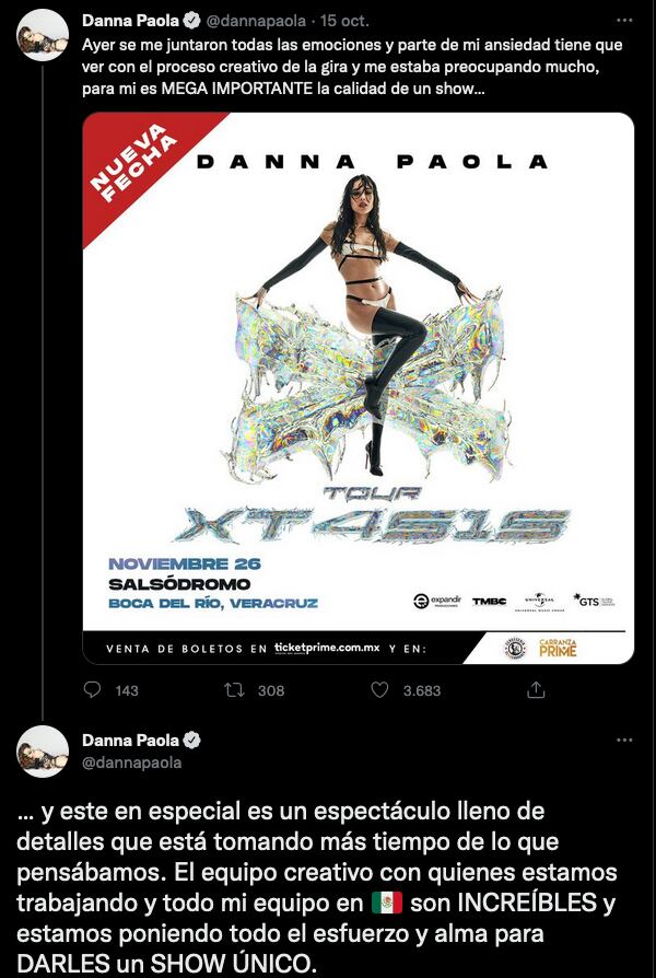 Danna Paola agradece el apoyo tras posponer concierto.