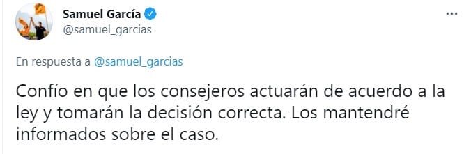 Publicación de Samuel García en Twitter