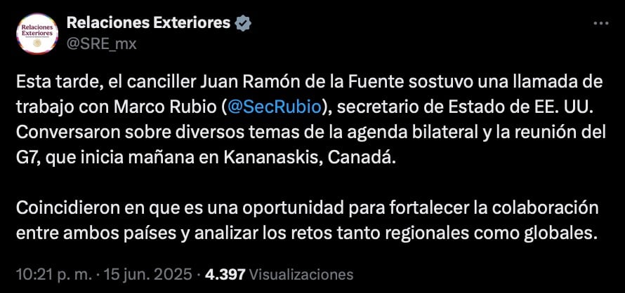 SRE informa sobre llamada entre Marco Rubio y Juan Ramón de la Fuente