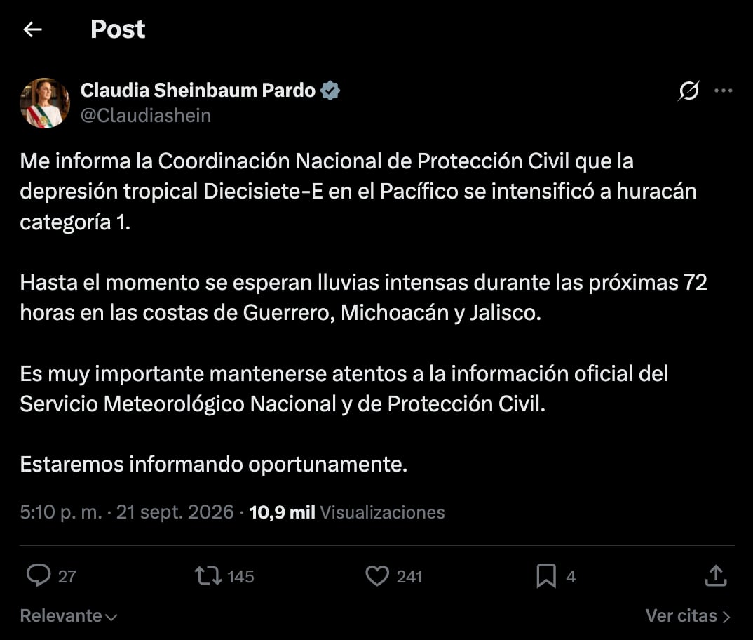 Claudia Sheinbaum advierte por el huracán Polo