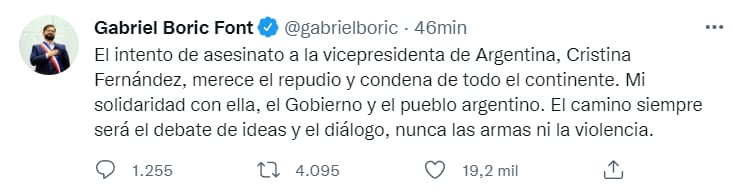 Gabriel Boric se pronuncia por atentado contra Cristina Fernández de Kirchner