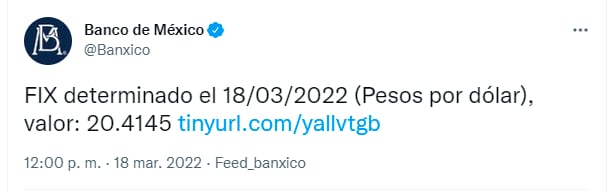 valor del peso frente al dólar el 18 de marzo de 2022/Banxico