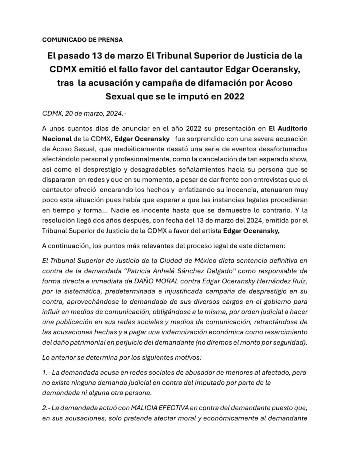 Comunicado de Edgar Oceransky por haber ganado demanda por daño moral a Anhelé.