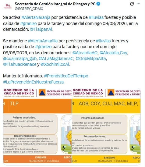 SGIRPC informa sobre lluvia en la CDMX.