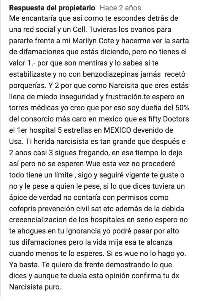 Respuesta de Marilyn Cote a una opinión negativa