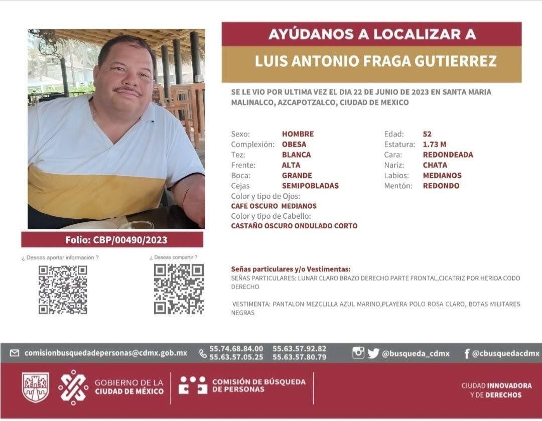 Luis Antonio Fraga, hombre desaparecido en Azcapotzalco