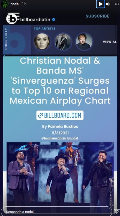 Christian Nodal celebra ingreso de "La sinvergüenza" en el Top 10 de Billboard