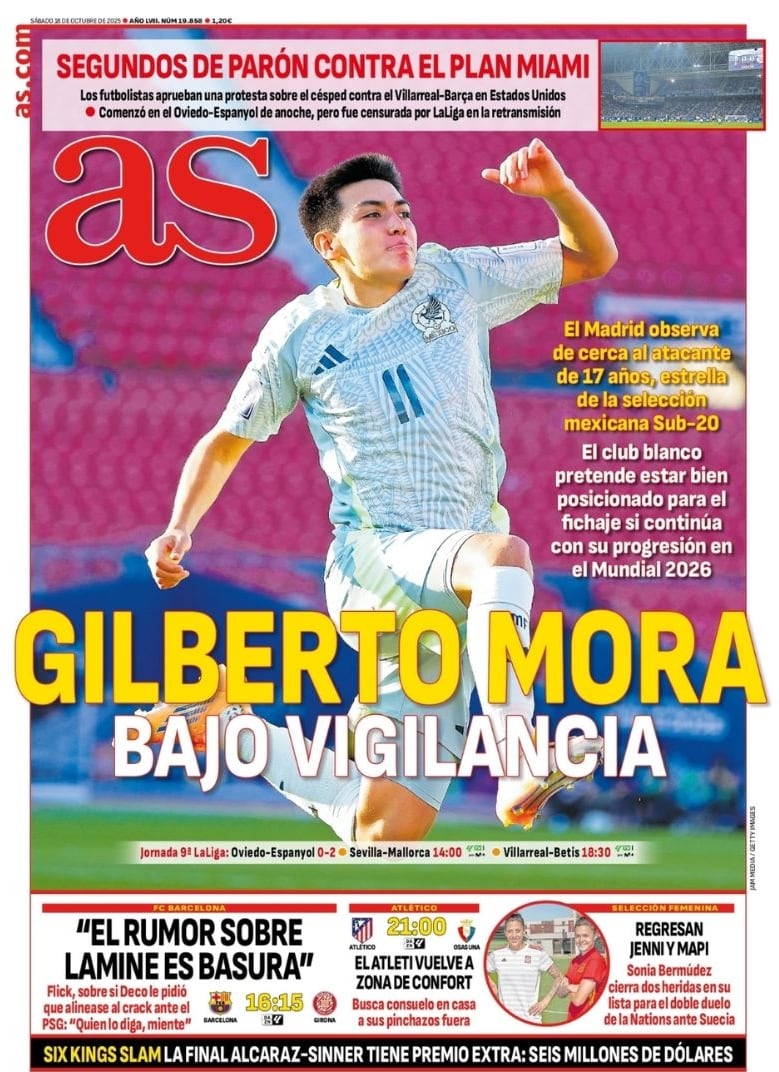 Portada del Diario AS dedicada a Gilberto Mora.