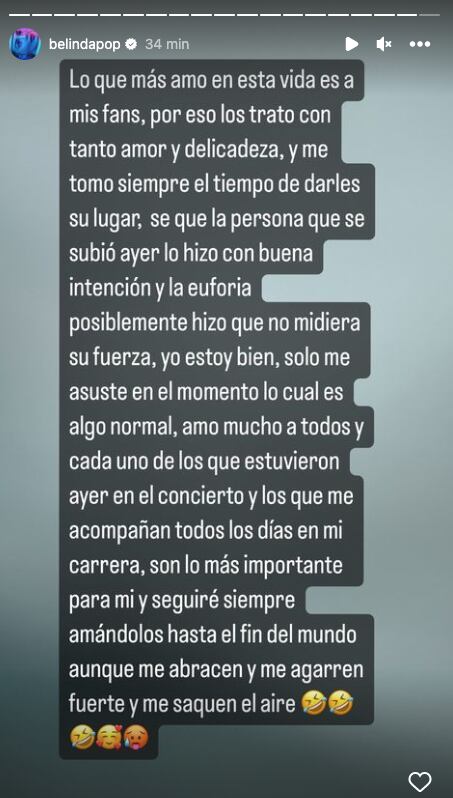 Belinda reafirma el cariño y respeto que le tiene a sus fans