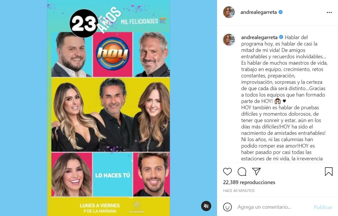 Publicación de Andrea Legarreta en Instagram