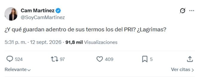 Camila Martínez cuestiona al PRI por termo con “lágrimas” y baja aprobación