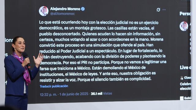 Claudia Sheinbaum, presidenta de México, mostró los comentarios que realizó el presidente nacional del PRI, Alejandro Moreno, donde habló sobre la elección judicial