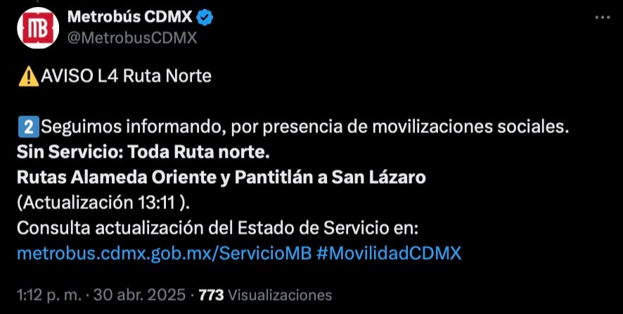 Servicio de Línea 4 del Metrobús CDMX afectado por bloqueo en República de Venezuela